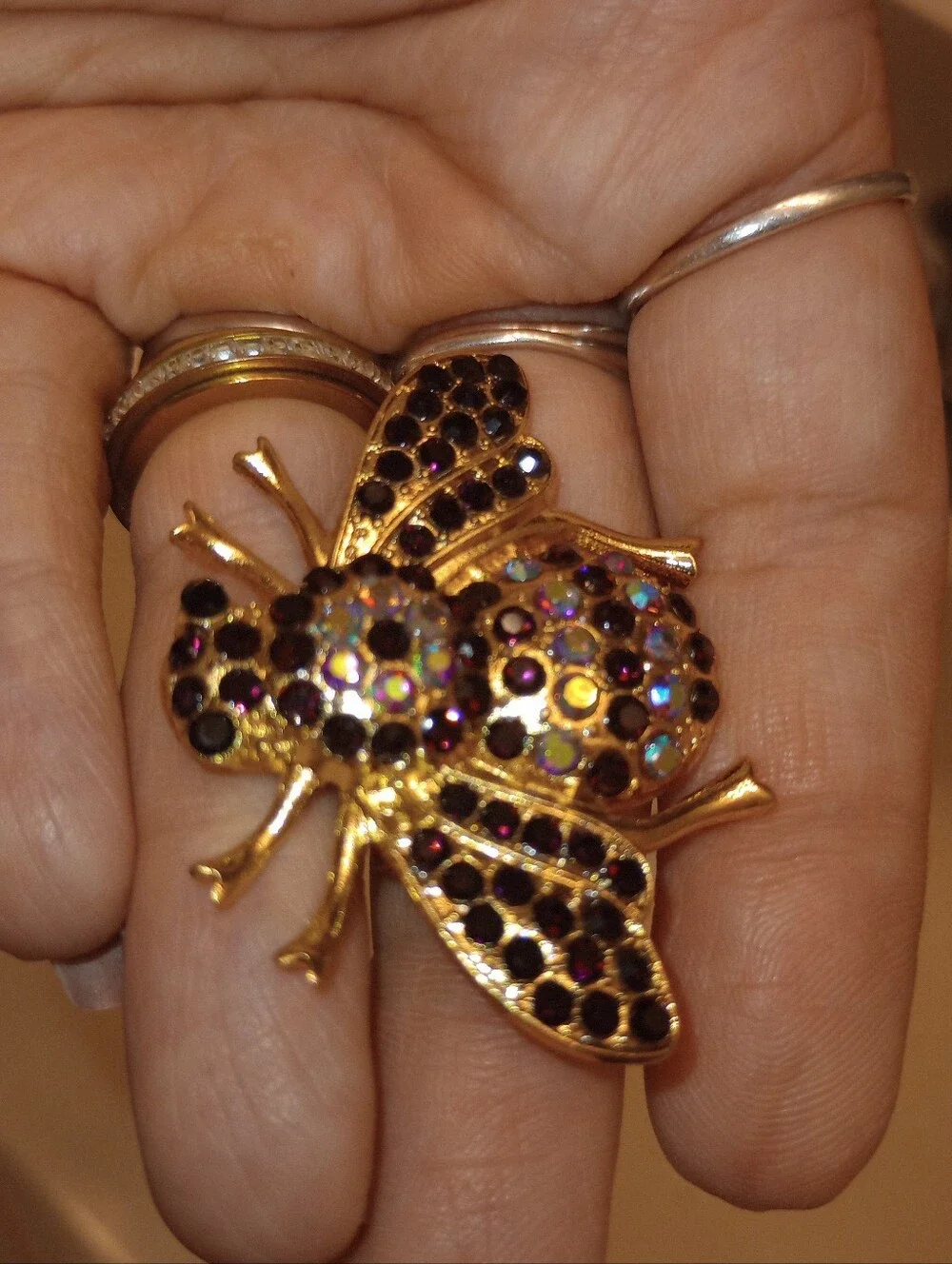 Gold Bee Brooch with Deep Purple and Iridescent Crystals